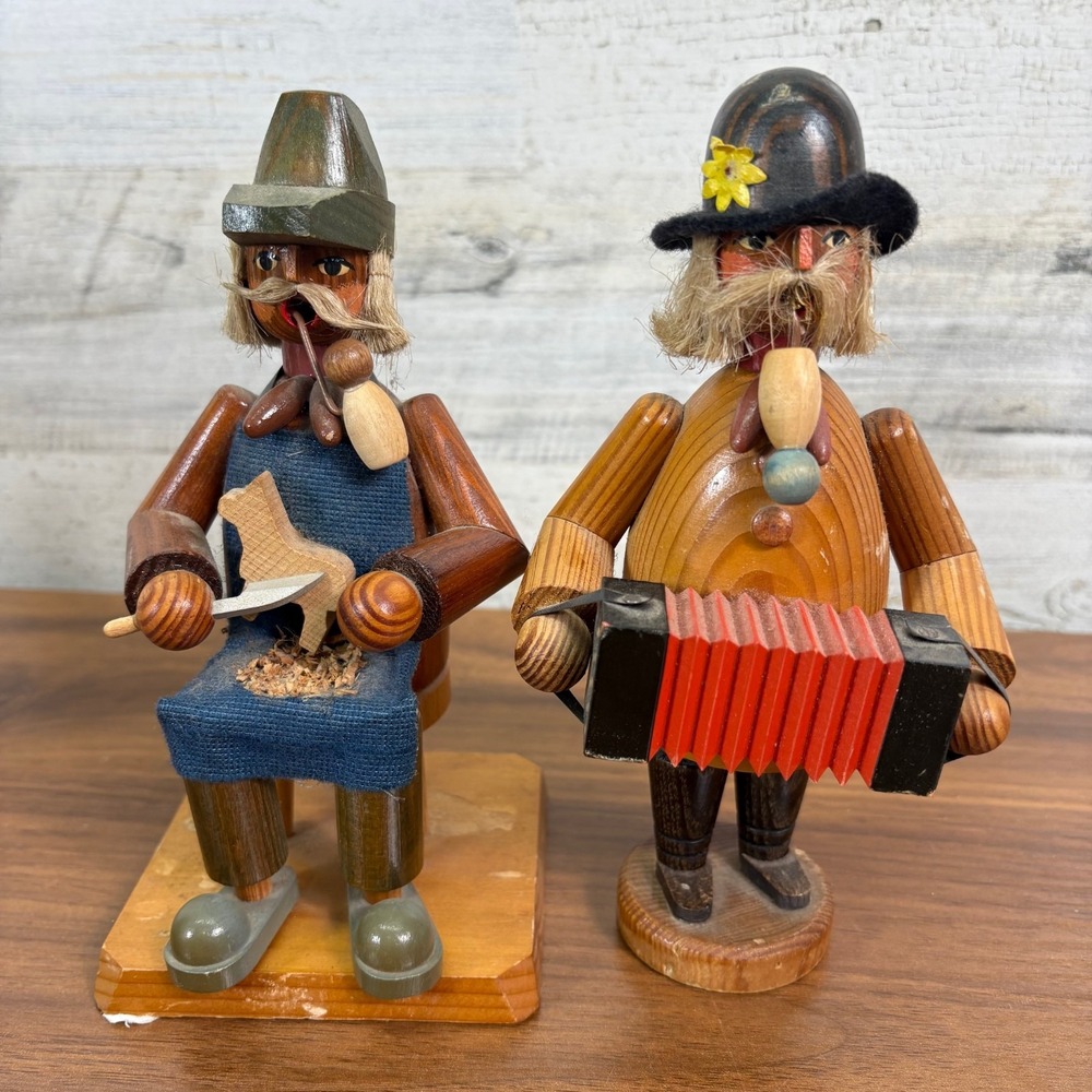 Vintage German DREGENO Erzgebirge Räuchermann Wooden Accordion Player Lot of 2